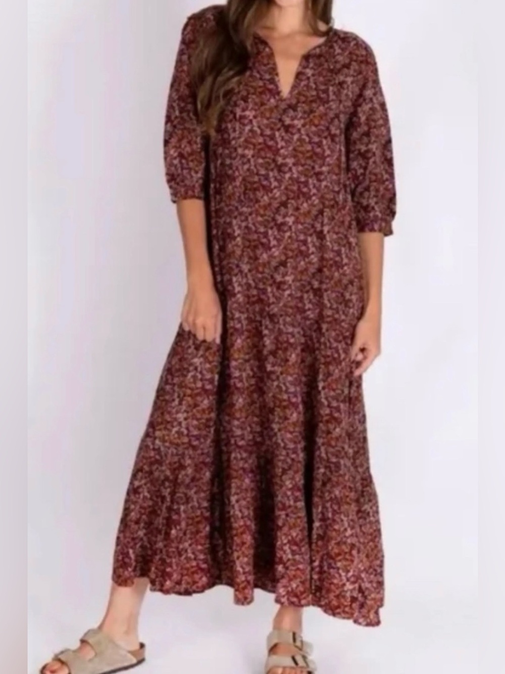 Natural Life Boho Floral Tiered Maxi Dress Ditsy Floral Print L/XL Relaxed Fit